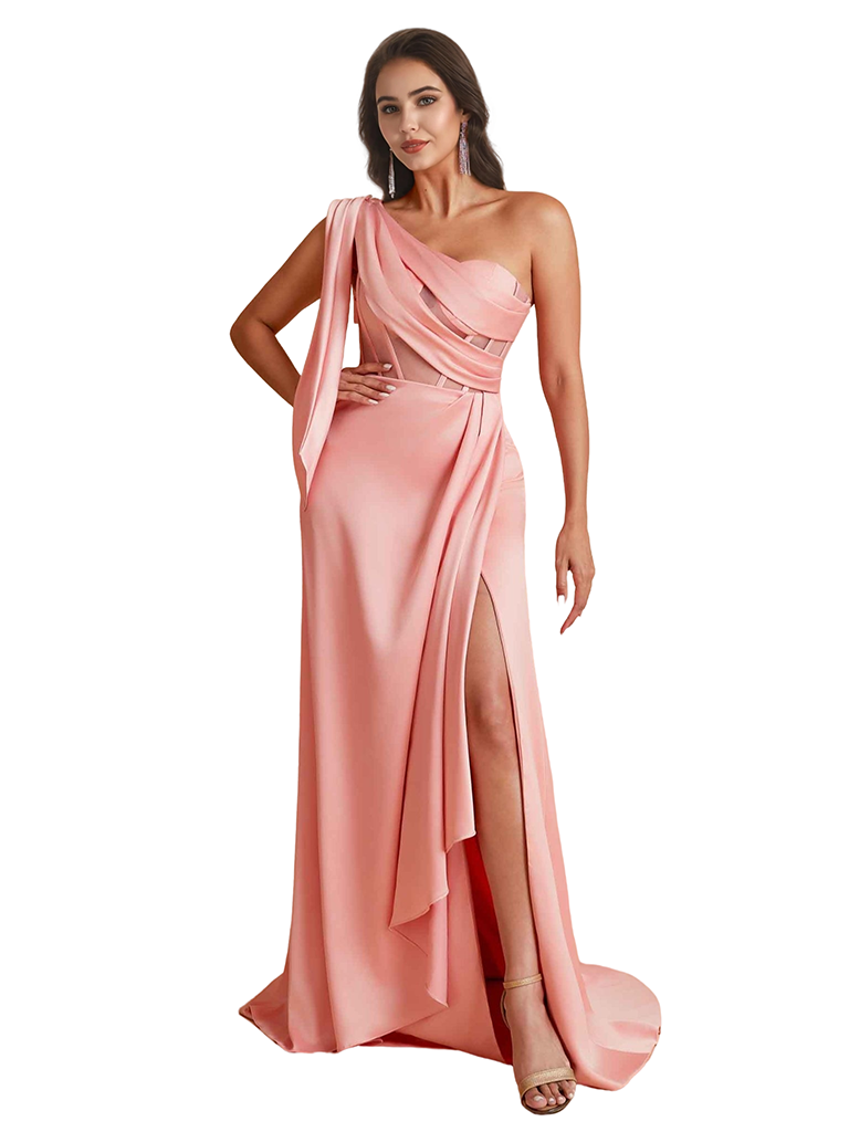 Sexy One Shoulder Boning Side Split Mermaid Ruched Satin Pretty Long Bridesmaid Dresses