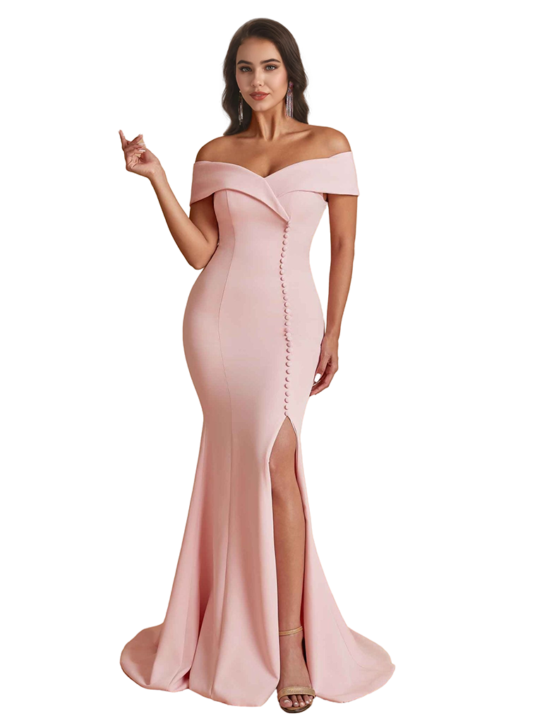 Elegant Off The Shoulder Side Split Mermaid Satin Unique Long Bridesmaid Dresses Online
