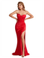 Elegant Silky Satin Sweetheart Mermaid Boning Side Slit Ruched Long Bridesmaid Dresses Online