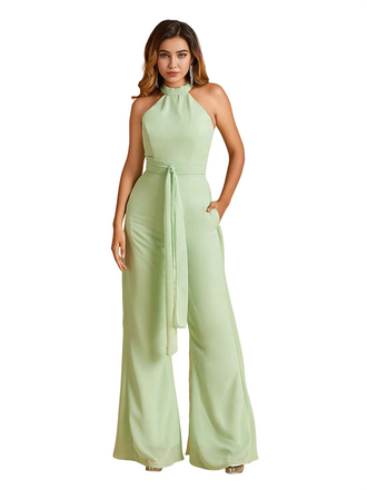 Elegant High Neck Chiffon Long Women's Pantsuit Jumpsuit For Bridesmaids