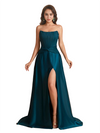 Elegant Silky Satin Strapless Sweetheart A-Line Side Slit Floor Length Bridesmaid Dresses