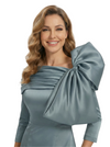 Chicsew Mother of The Bride Dresses Asymmetrical 3/4 Sleeve Satin Mermaid Train Gown Unique Bow Detailed Formal Wedding Event Attire