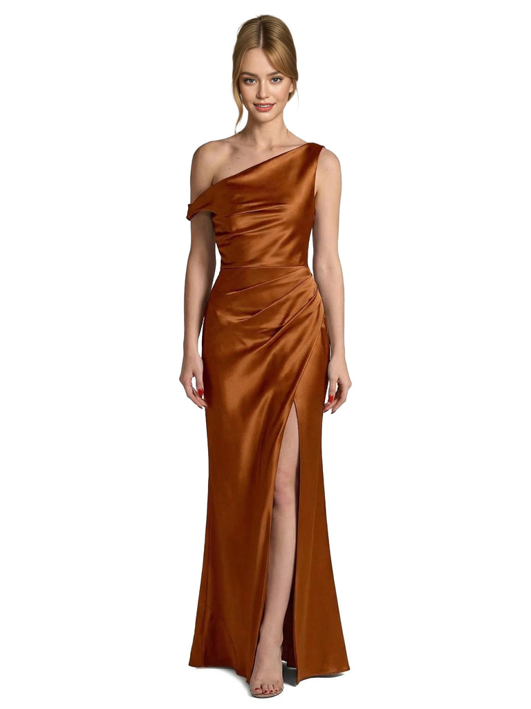 Chicsew Elegant Soft Satin Asymmetrical Formal Dress Ruched High Slit Maxi Gown for Wedding Guest