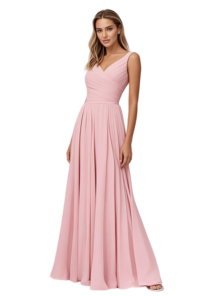 Spaghetti Straps V-Neck A-line Chiffon Long Bridesmaid Dresses