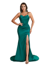 Modern Mermaid Ruched Silky Satin Unique Long Bridesmaid Dresses Slit Spaghetti Straps