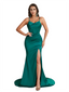 Modern Mermaid Ruched Silky Satin Unique Long Bridesmaid Dresses Slit Spaghetti Straps