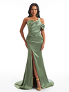 Elegant One Shoulder Side Split Mermaid Soft Satin Pretty Long Bridesmaid Dresses