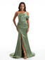 Elegant One Shoulder Side Split Mermaid Soft Satin Pretty Long Bridesmaid Dresses