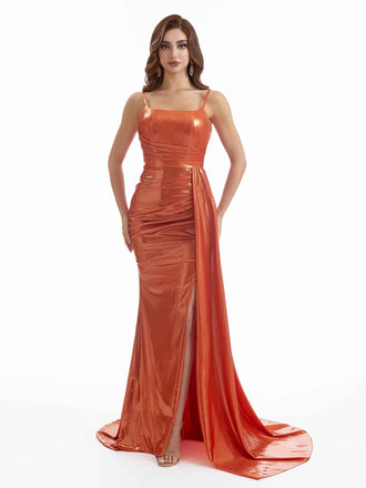 Sexy Mermaid Spaghetti Straps Metallic Stretch Shiny Fabric Long Bridesmaid Dresses Online