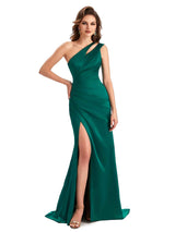 Sexy Soft Satin Side Slit Mermaid One Shoulder Formal Wedding Guest Dresses