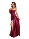 Sexy One Shoulder Mermaid Soft Satin Long Bridesmaid Dresses Side Slit