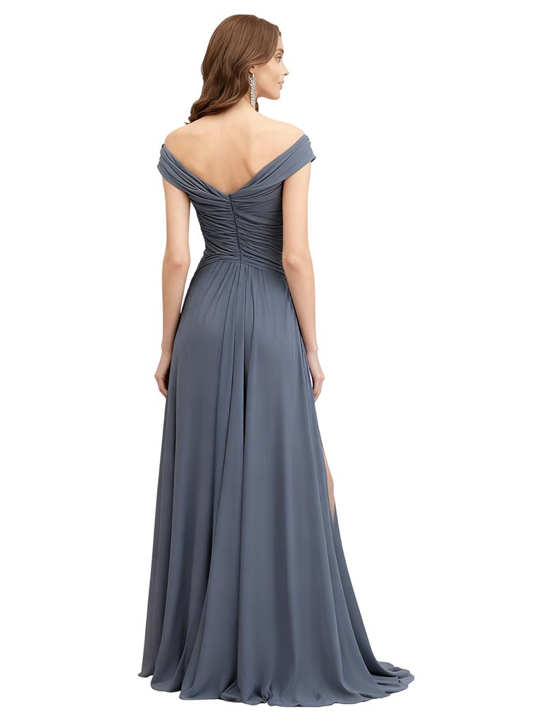 Casual Chiffon Off Shoulder Sleeveless A-Line Long Mother of The Bride Dresses Side Slit