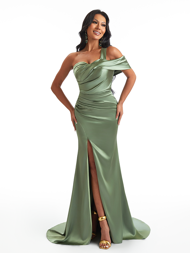 Elegant One Shoulder Side Split Mermaid Soft Satin Pretty Long Bridesmaid Dresses