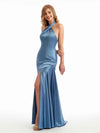 Halter Ruffles Eucalyptus Side Slit Satin Bridesmaid Dress