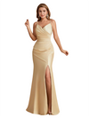 Elegant Silky Satin V-Neck Spaghetti Straps Mermaid Side Slit Long Bridesmaid Dresses Online