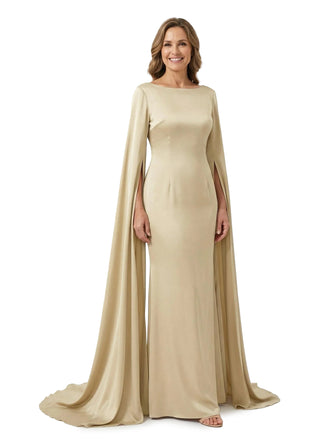 Chicsew Mother of The Groom Dress Elegant Scoop Long Sleeve Satin Unique Classy Formal Wedding Event Gown
