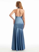 Sexy Side Slit Halter Ruffles Mermaid Soft Satin Unique Long Wedding Guest Dress
