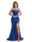 Sexy Strapless Silky Satin Side Split Mermaid Simple Long Bridesmaid Dresses Online