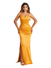 Elegant Spaghetti Straps V-Neck Side Slit Mermaid Soft Satin Floor-Length Bridesmaid Dresses