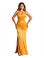 Elegant Spaghetti Straps V-Neck Side Slit Mermaid Soft Satin Floor-Length Bridesmaid Dresses