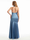 Sexy Side Slit Halter Ruffles Mermaid Soft Satin Unique Long Bridesmaid Dress For Wedding