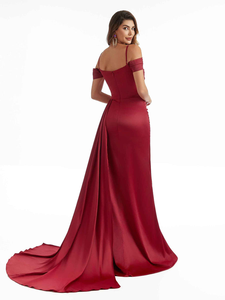 Sexy Side Split Mermaid Cold Shoulder Modern Bidesmaid Dresses in Satin