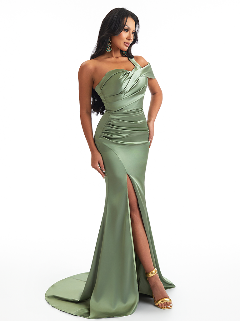 Elegant One Shoulder Side Split Mermaid Soft Satin Pretty Long Bridesmaid Dresses