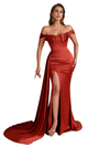 Sexy Off The Shoulder Unique Satin Mermaid Long Bridesmaid Dresses Side Split