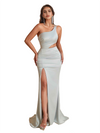 Unique One Shoulder Side Split Mermaid Silky Satin Long Bridesmaid Dresses Online