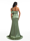 Elegant One Shoulder Side Split Mermaid Soft Satin Pretty Long Bridesmaid Dresses