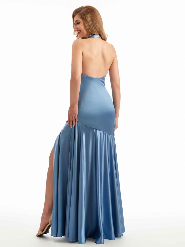 Summer Sexy Halter Ruffles Satin Long Bridesmaid Dresses