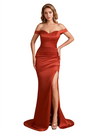 Sexy Soft Satin Off Shoulder Mermaid Side Slit Unique Long Bridesmaid Dresses