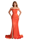 Elegant Off The Shoulder Soft Satin Mermaid Side Slit Long Bridesmaid Dresses Online