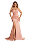 Sexy Silky Satin V-Neck Spaghetti Straps Mermaid Side Slit Long Bridesmaid Dresses