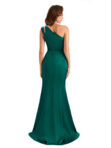 Sexy Soft Satin Side Slit Mermaid One Shoulder Formal Wedding Guest Dresses