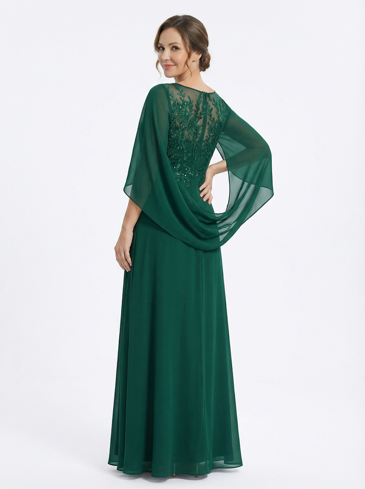 Elegant Cascading Ruffles Cape Lace Chiffon A-Line Mother of The Bride Dresses