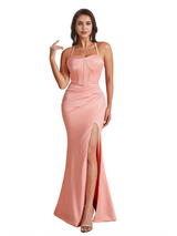 Elegant Spaghetti Strap Boning Mermaid Silky Satin Unique Long Bridesmaid Dresses Side Slit