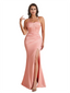Elegant Spaghetti Strap Boning Mermaid Silky Satin Unique Long Bridesmaid Dresses Side Slit