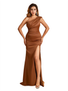 Elegant One Shoulder Mermaid Soft Satin Side Slit Long Bridesmaid Dresses