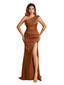 Elegant One Shoulder Mermaid Soft Satin Side Slit Long Bridesmaid Dresses