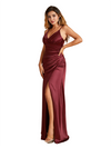Sexy Spaghetti Straps Mermaid Side Slit Formal Soft Satin Long Bridesmaid Dresses