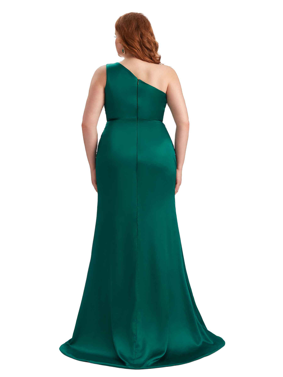 Plus Size One Shoulder Sexy Side Slit Mermaid Soft Satin Long Bridesmaid Dress For Wedding