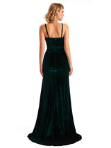 Sexy Mermaid Spaghetti Straps V-neck Velvet Side Slit Long Bridesmaid Dresses