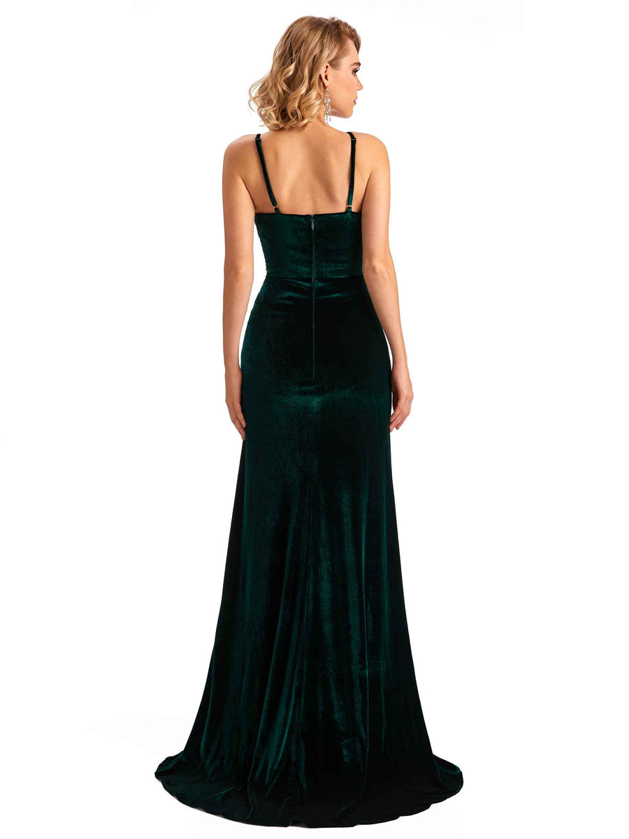 Sexy Mermaid Spaghetti Straps V-neck Velvet Side Slit Long Bridesmaid Dresses