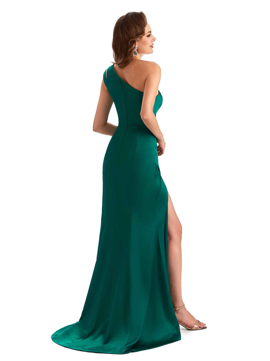 Sexy Soft Satin Side Slit Mermaid One Shoulder Formal Wedding Guest Dresses