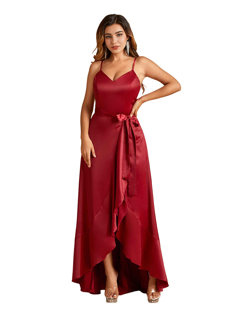 Sexy V-Neck Spaghetti Straps A-Line High Low Soft Satin Long Bridesmaid Dresses
