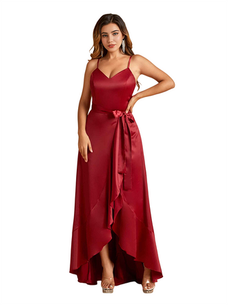 Sexy V-Neck Spaghetti Straps A-Line High Low Soft Satin Long Bridesmaid Dresses