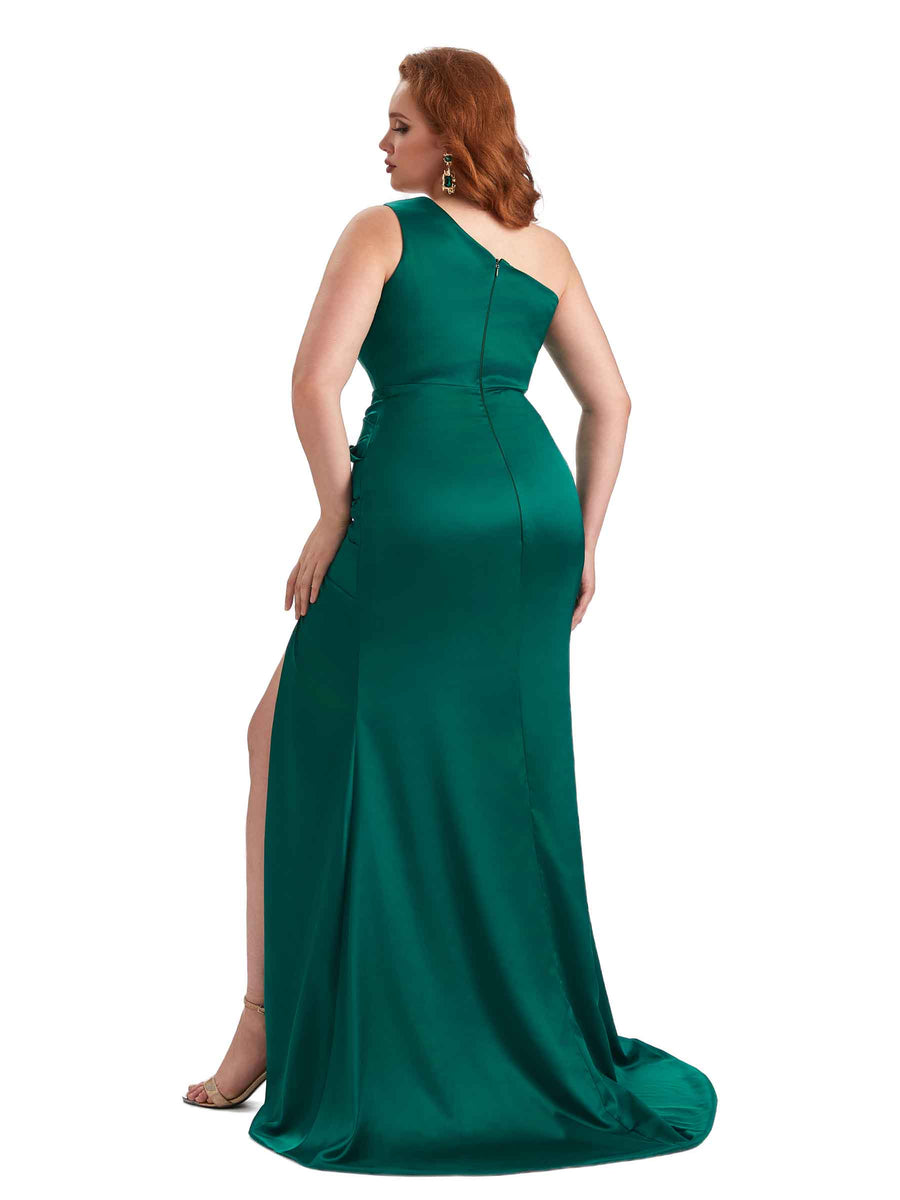 Plus Size One Shoulder Sexy Side Slit Mermaid Soft Satin Long Bridesmaid Dress For Wedding