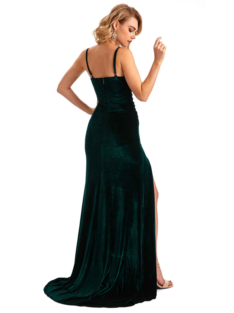 Sexy Mermaid Spaghetti Straps V-neck Velvet Side Slit Long Bridesmaid Dresses