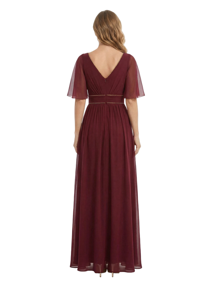 Elegant Flutter Sleeve V-Neck Chiffon Side Slit A-line Long Mother of The Bride Dresses